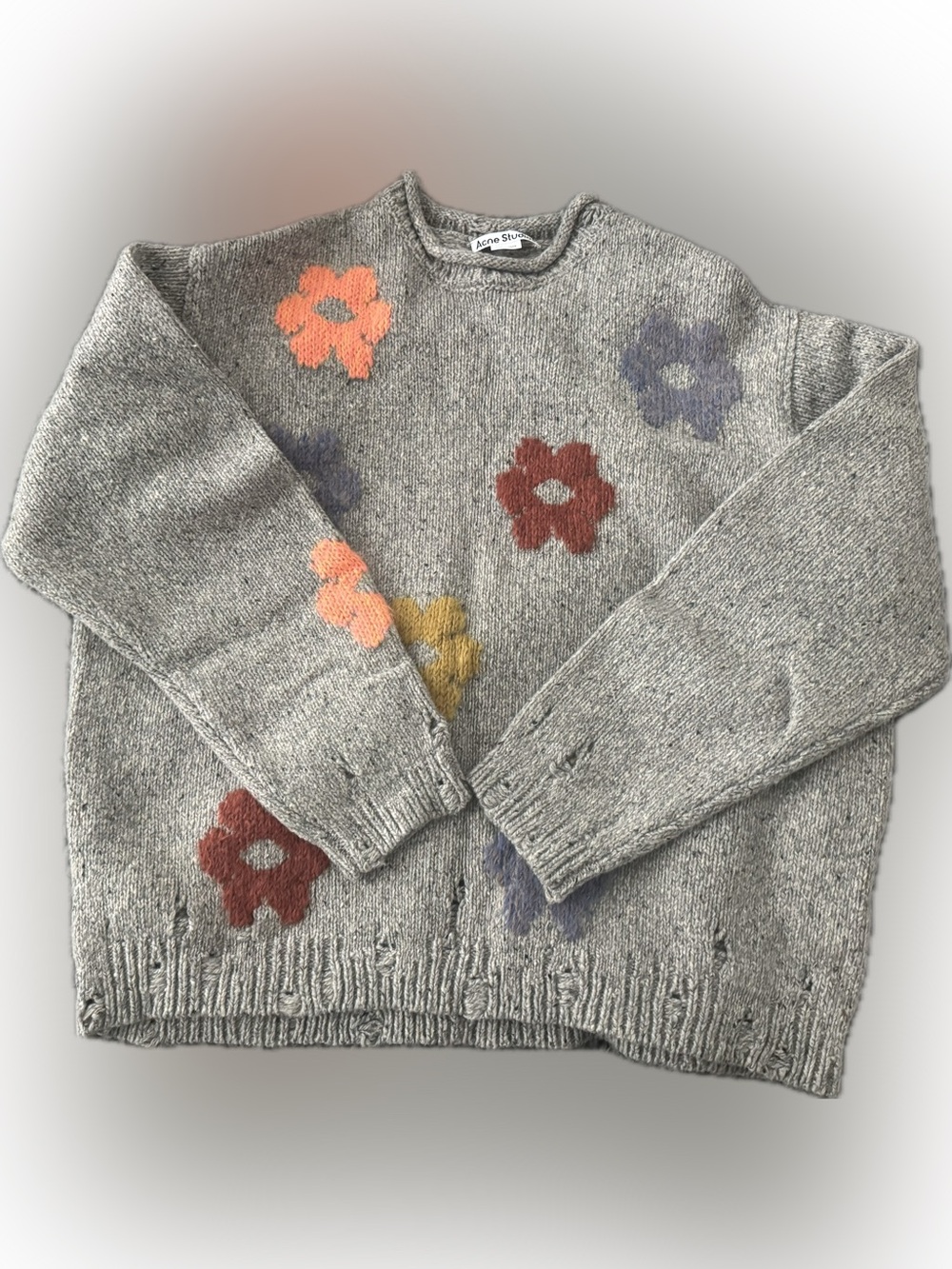 Acne Studios Floral Intarsia Wool Blend Sweater GREY MELANGE